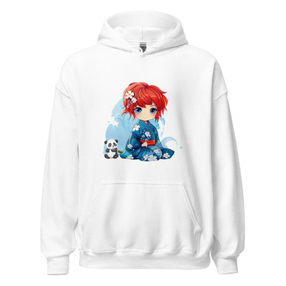 Een witte unisex heavy blend hoodie met een afbeelding van een anime geisha meisje en een witte achtergrond aan de voorkant