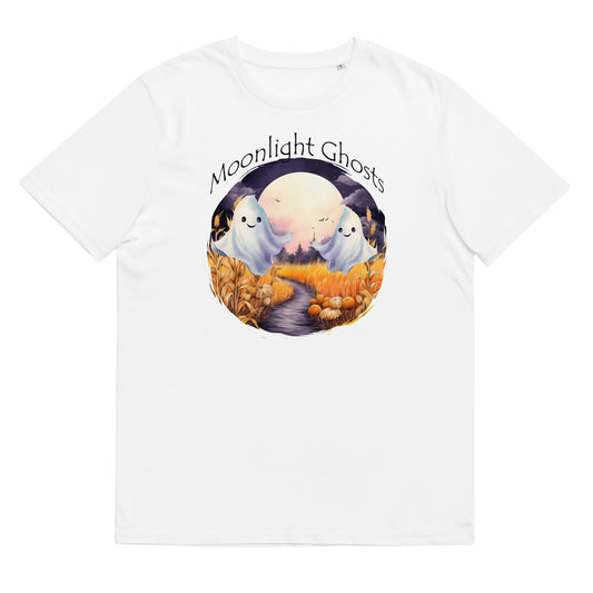 Een biologisch katoenen unisex T-shirt met de afbeelding van een Moonlight Ghost op de voorkant, tegen een witte achtergrond