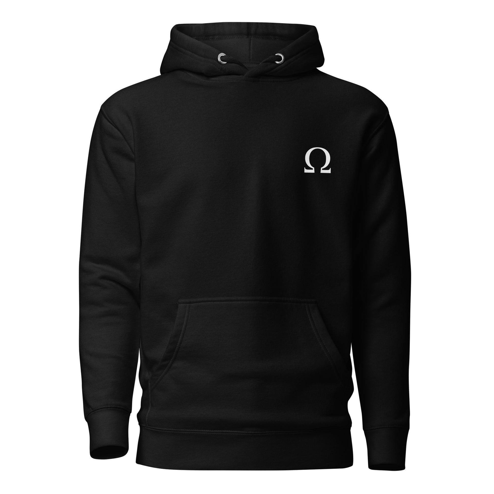  Een zwarte unisex premium hoodie met het Omega-symbool op de voorkant,  met een wit achtergrond