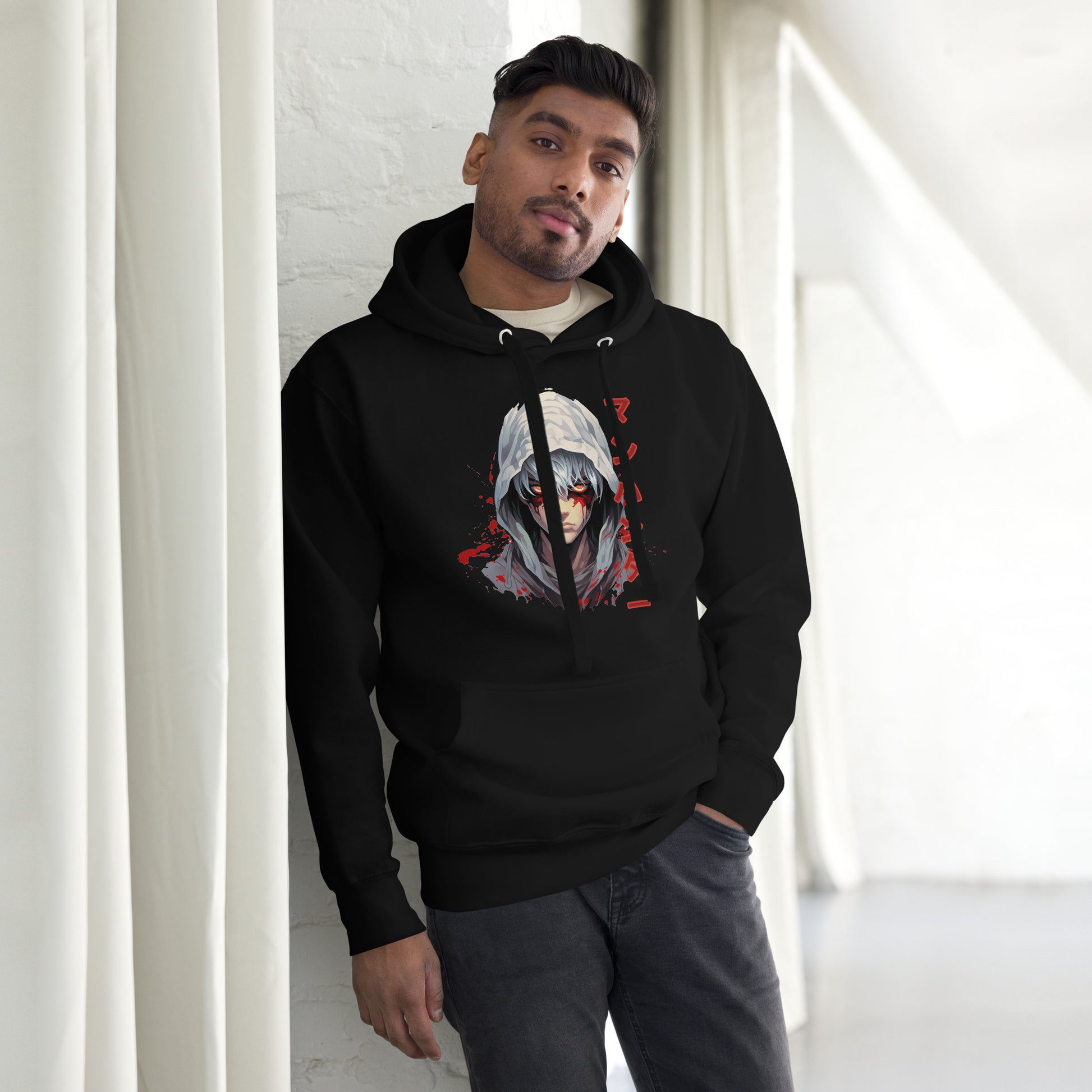 Een premium zwarte unisex hoodie met een afbeelding van de Blood Warrior, vooraanzicht, naast de gordijnen, gedragen door een man