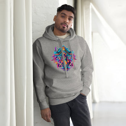 Een koolstofgrijs unisex premium hoodie met een geometrische afbeelding, gedragen door een man, vooraanzicht, met een gordijn als achtergrond