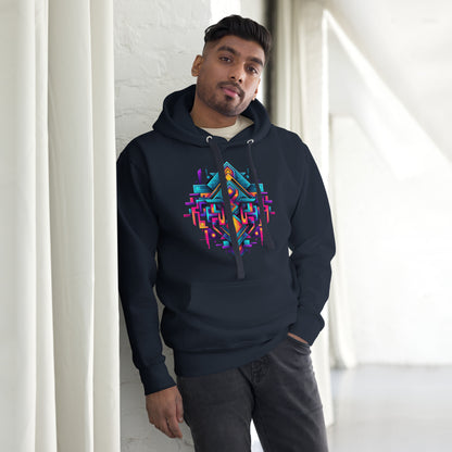 Een navy blazer unisex premium hoodie met een geometrische afbeelding, gedragen door een man, vooraanzicht, met een gordijn als achtergrond