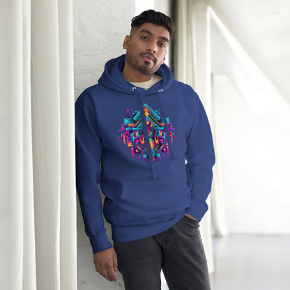 Een team royal unisex premium hoodie met een geometrische afbeelding, gedragen door een man, vooraanzicht, met een gordijn als achtergrond