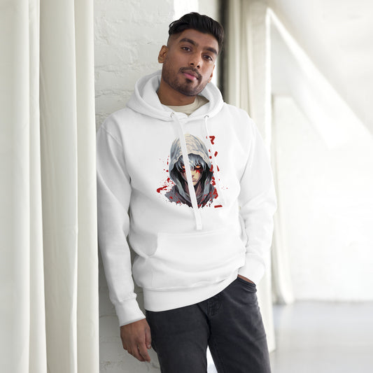 Een premium witte unisex hoodie met een afbeelding van de Blood Warrior, vooraanzicht, naast de gordijnen, gedragen door een man