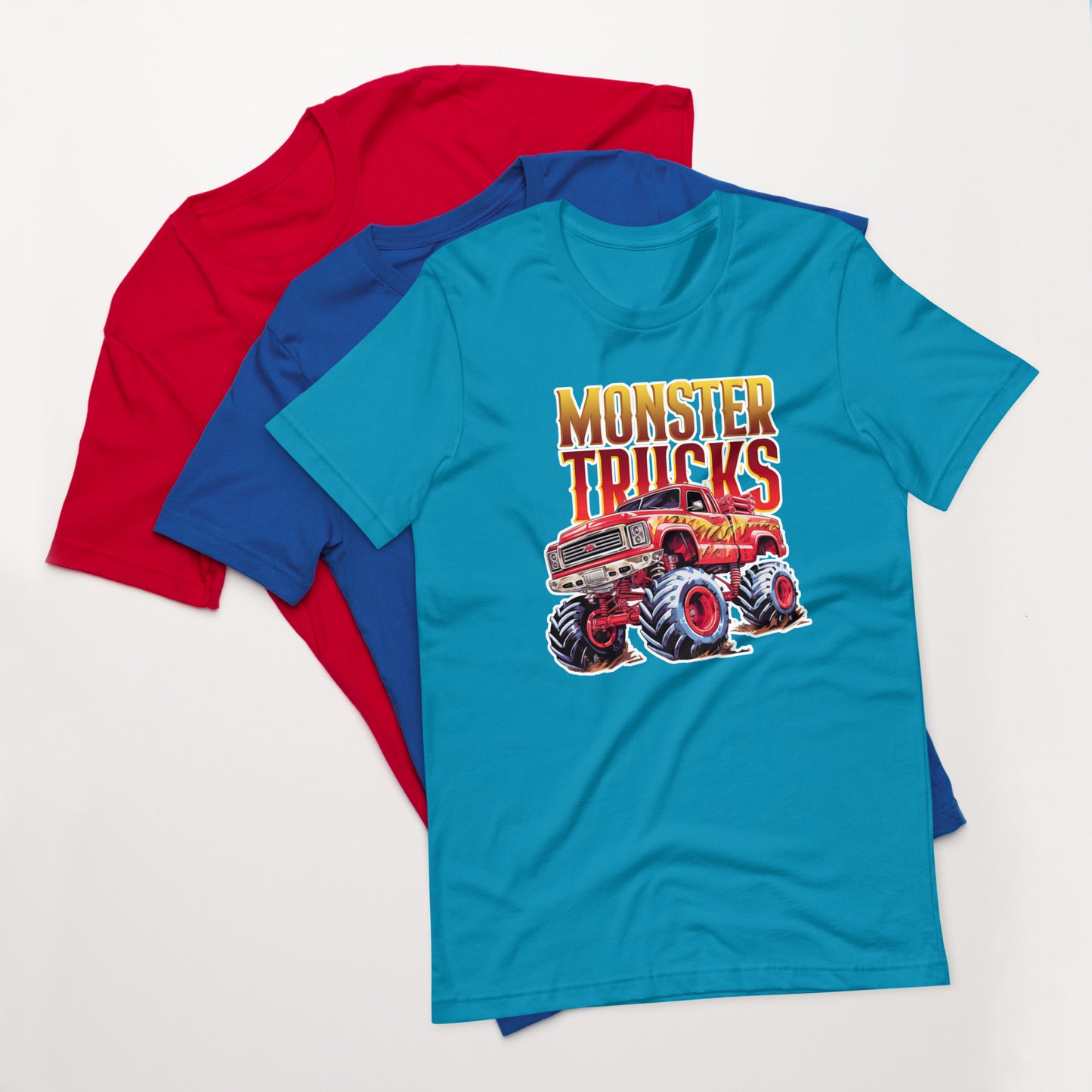 Drie unisex T-shirts in rood, blauw en aquablauw met een stoere monster truck-afbeelding op een heldere witte achtergrond, vooraanzicht