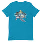 Aqua blauw T-shirt met tropische schildpad op een witte achtergrond, vooraanzicht