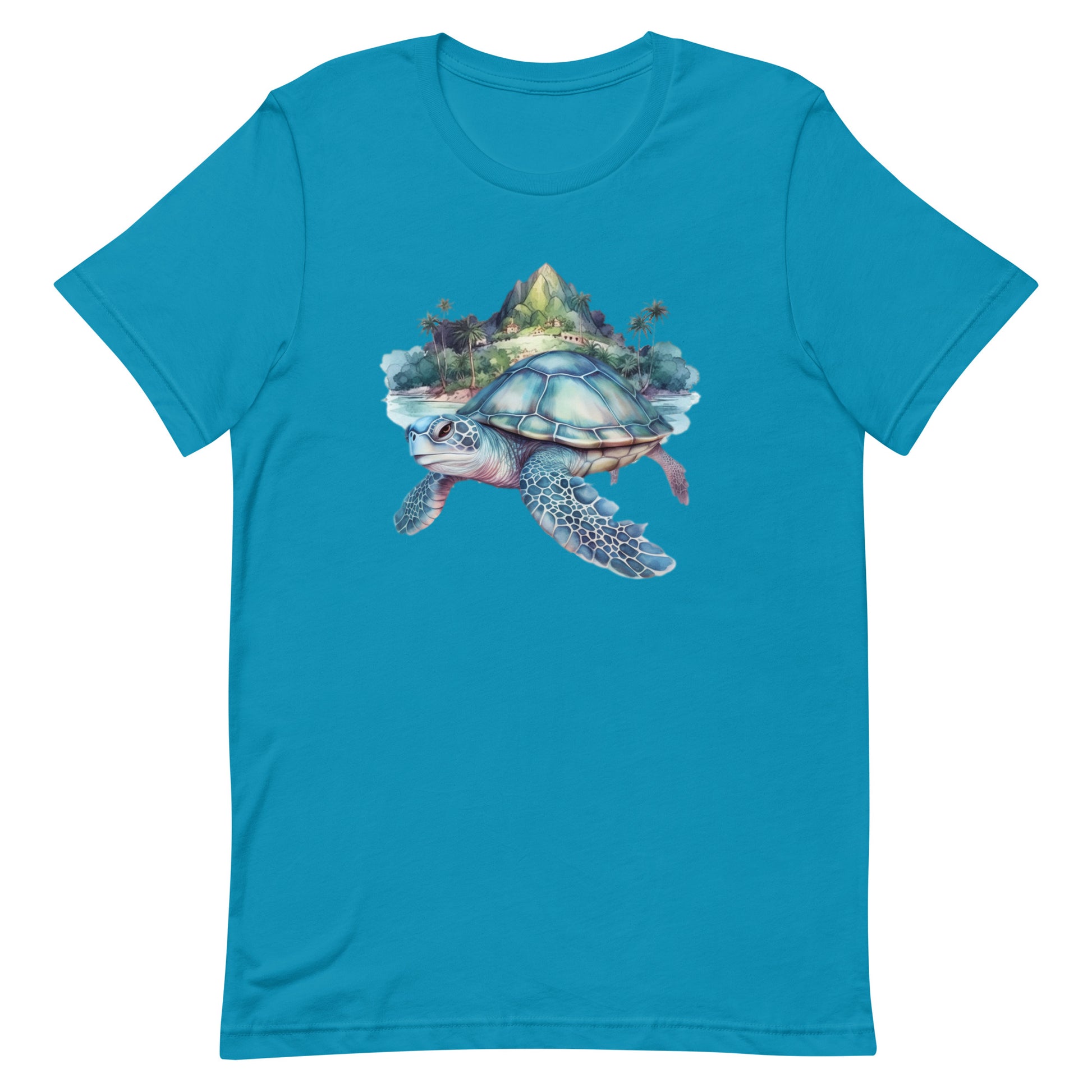 Aqua blauw T-shirt met tropische schildpad op een witte achtergrond, vooraanzicht