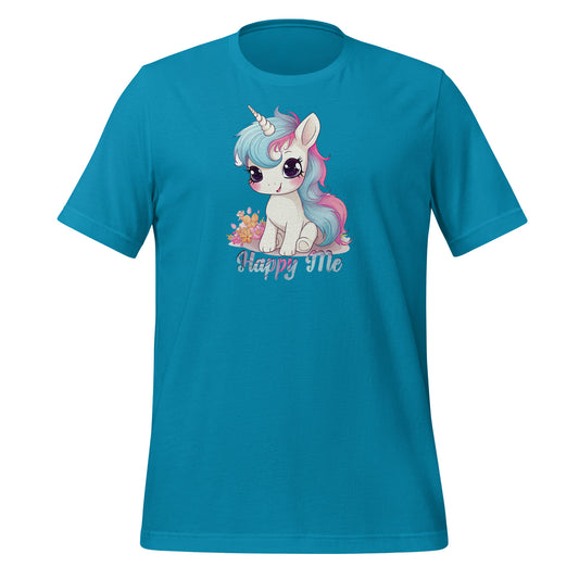 Eenhoorn unisex T-shirt met een afbeelding van een schattige eenhoorn op een wit achtergrond, vooraanzicht, aqua blauwkleur