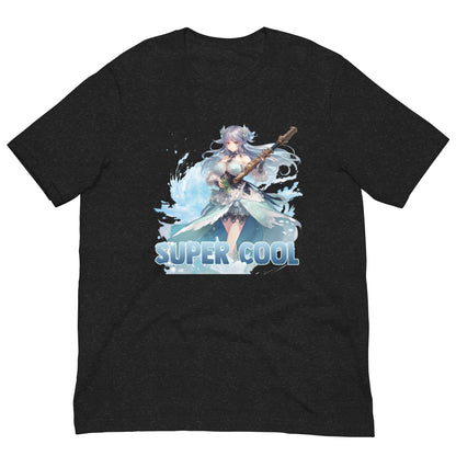 Een zwart gemeleerd unisex T-shirt met afbeelding van Super Cool manga meisje, vooraanzicht, wit achtergrond