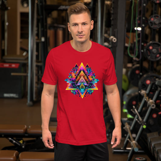  Een unisex T-shirt in rood met een grafisch geometrisch ontwerp, gedragen door een man op de achtergrond van een fitness ruimte, aan de voorkant.