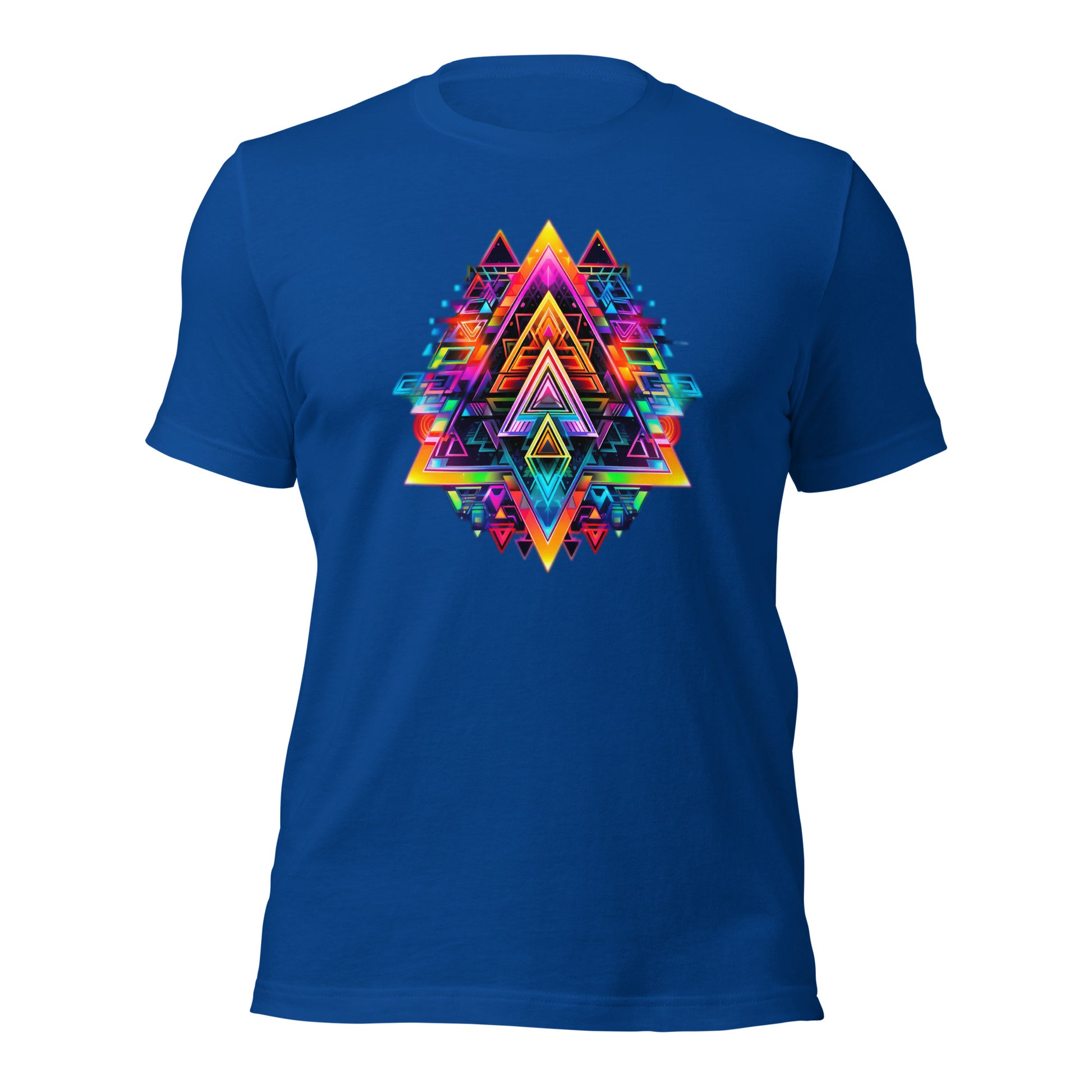 Een koningsblauw unisex T-shirt met een grafisch geometrisch ontwerp op de voorkant en een witte achtergrond.