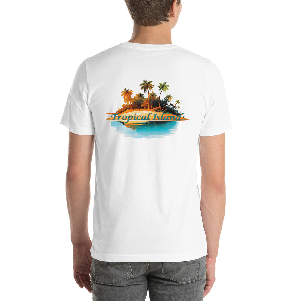 Een wit unisex T-shirt met een afbeelding van een tropisch eiland op de achterkant, tegen een witte achtergrond