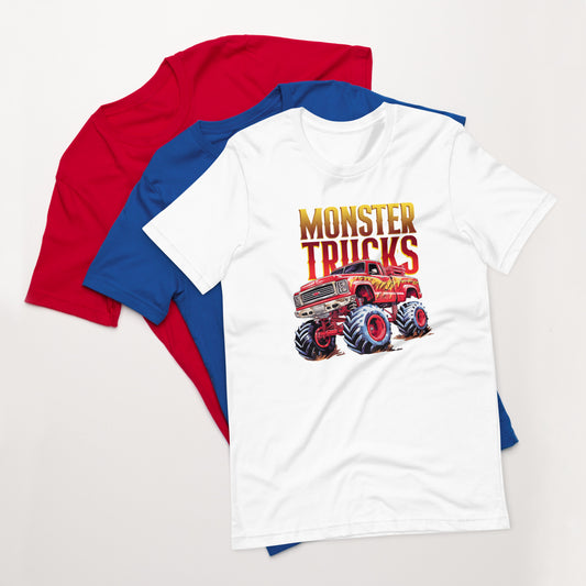 Drie unisex  gestapeld T-shirts in rood, blauw en wit met een afbeelding van een monster truck op een witte achtergrond, vooraanzicht