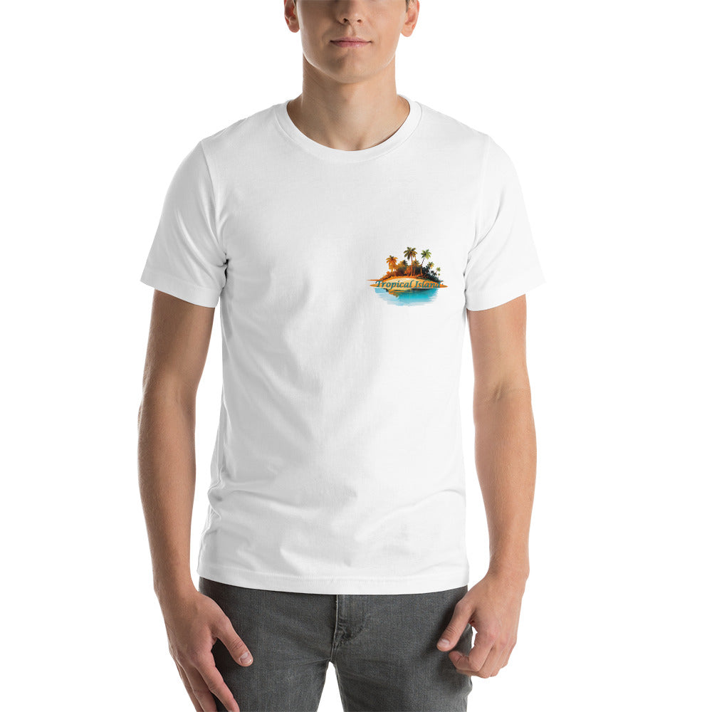 Een wit unisex T-shirt met een kleine afbeelding van een tropisch eiland aan de rechterkant van de voorkant, op een witte achtergrond