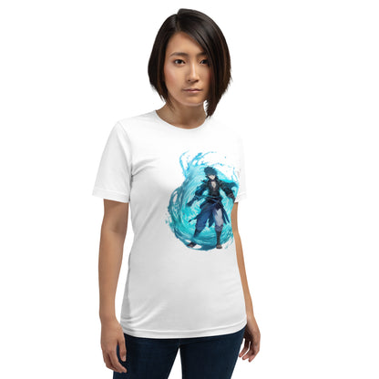 Een unisex wit T-shirt met een afbeelding van een japanse anime man met een coriolis effect van het water uitkomend, tegen een witte achtergrond, vrouw, aan de voorkant