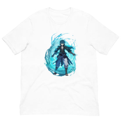 Een unisex wit T-shirt met een afbeelding van een japanse anime man met een coriolis effect van het water uitkomend, tegen een witte achtergrond, aan de voorkant