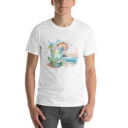 Unisex casual wit T-shirt met een tropische cocktailprint, gedragen door een man, vooraanzicht, op een witte achtergrond