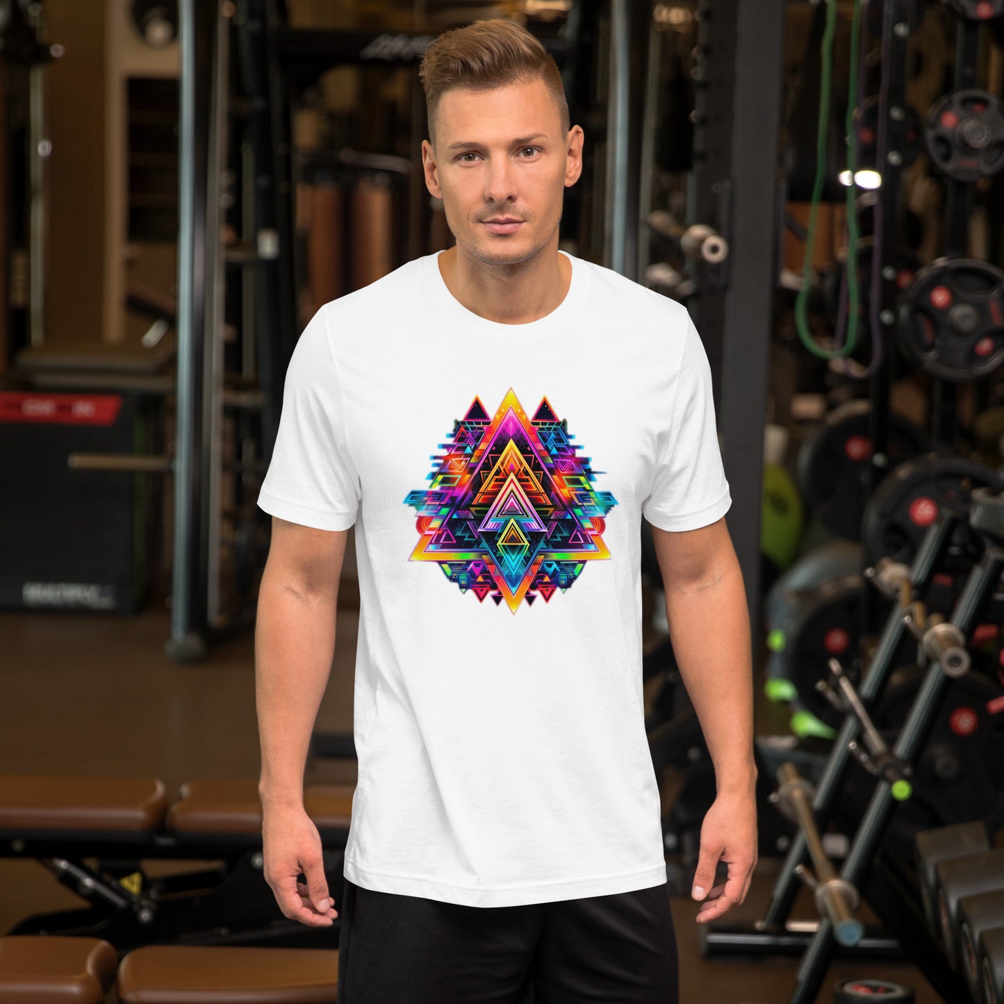 Een wit unisex T-shirt met een grafisch geometrisch ontwerp op de voorkant, met een man en bodybuildingapparatuur op de achtergrond.