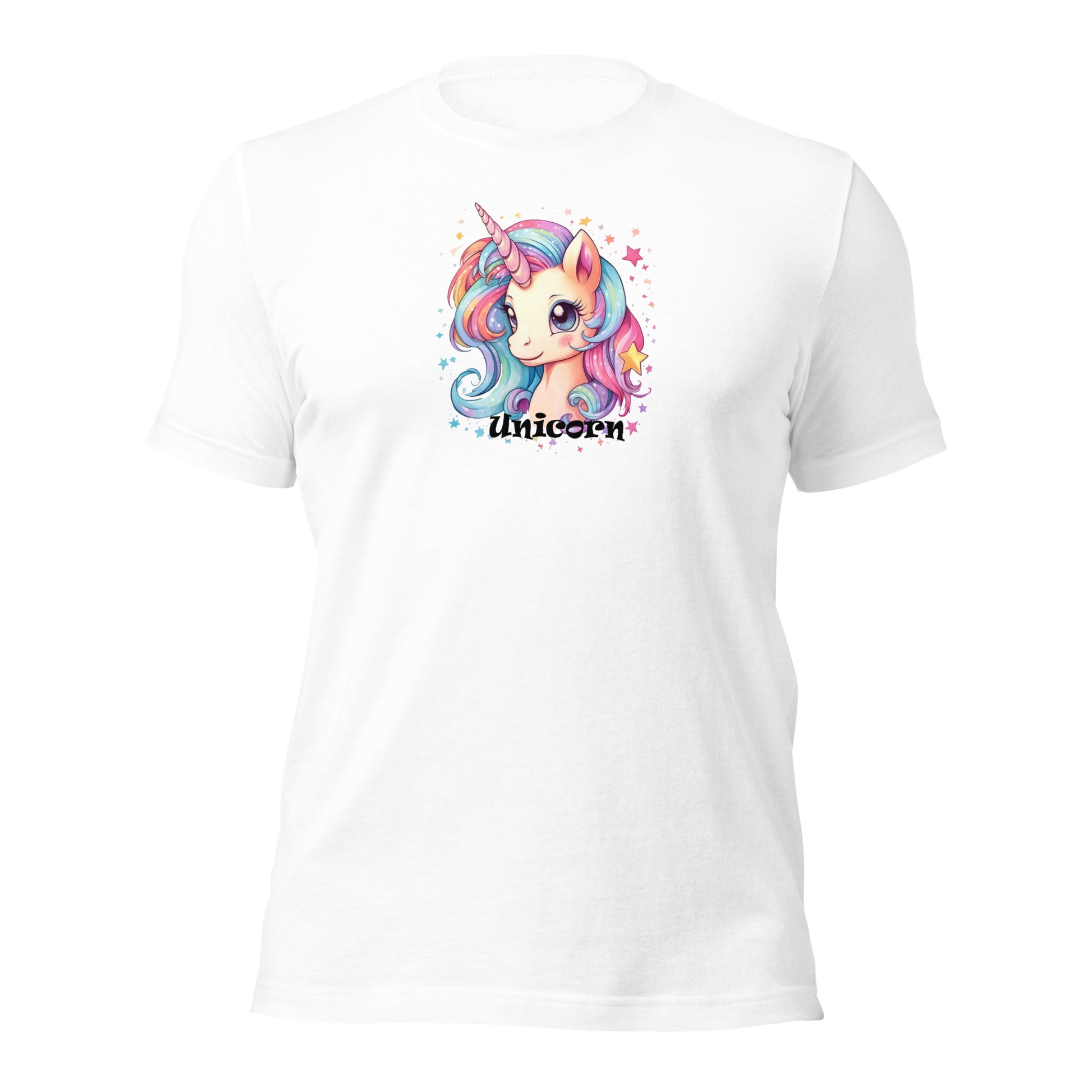 Eenhoorn vrouwen t-shirt  met een schattig design, voor uit zicht, op witte achtergrond, met de tekst unicorn