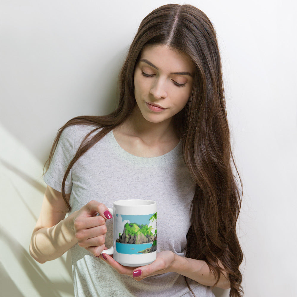 Een witte koffie mok met een Caribisch eilandlandschap, vooraanzicht, 15 oz, vastgehouden door een vrouw die naar het tafereel kijkt, op een witte achtergrond.